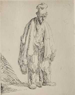 Beggar Standing and Leaning on a Stick by Oil Painting Reproduction