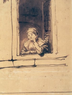 Saskia Looking Out of a Window by Rembrandt Van Rijn Oil Painting Reproduction