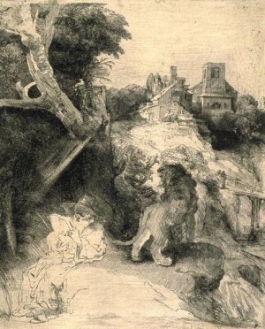 St. Jerome Reading in an Italian Landscape by Rembrandt Van Rijn Oil Painting Reproduction