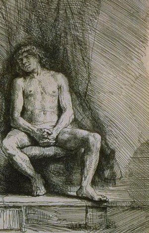 Study from the Nude Man Seated before a Curtain by Rembrandt Van Rijn Oil Painting Reproduction