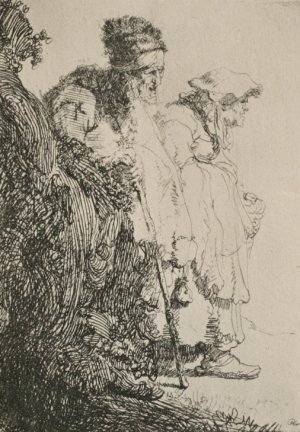 Two Beggars, a Man and a Woman, Coming from Behind a Bank by Rembrandt Van Rijn Oil Painting Reproduction