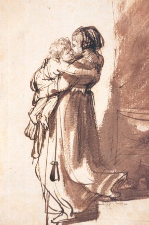 Woman and Child Descending a Staircase by Rembrandt Van Rijn Oil Painting Reproduction